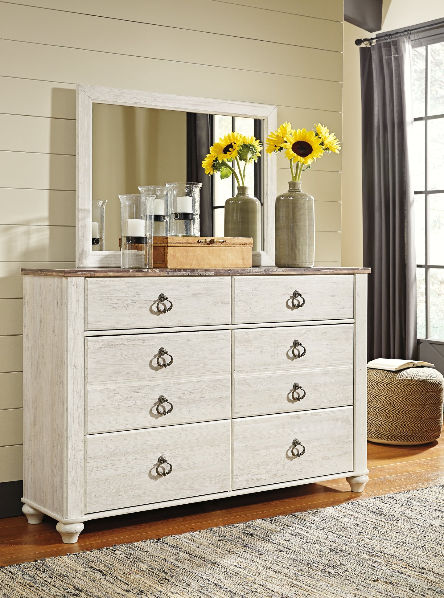 Willowton Twin Panel Headboard with Mirrored Dresser, Chest and 2 Nightstands