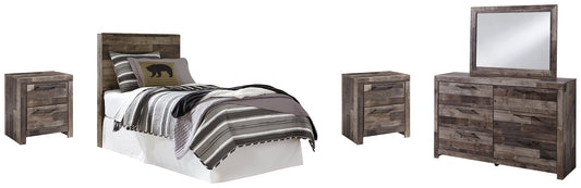 Derekson Twin Panel Headboard with Mirrored Dresser and 2 Nightstands