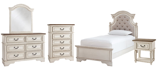 Realyn Twin Panel Bed with Mirrored Dresser, Chest and Nightstand