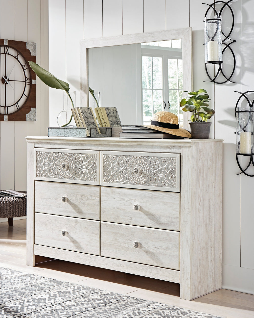 Paxberry King Panel Bed with Mirrored Dresser