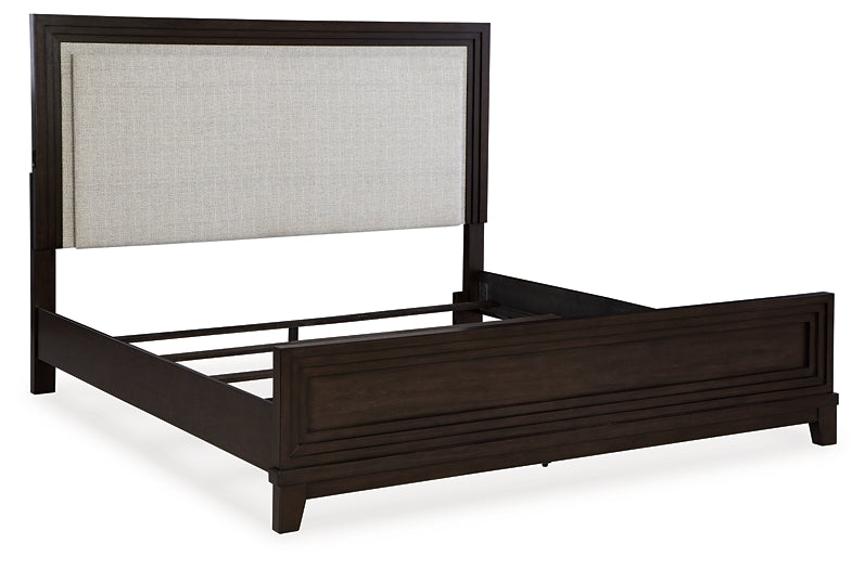 Neymorton Queen Upholstered Panel Bed with Mirrored Dresser, Chest and Nightstand