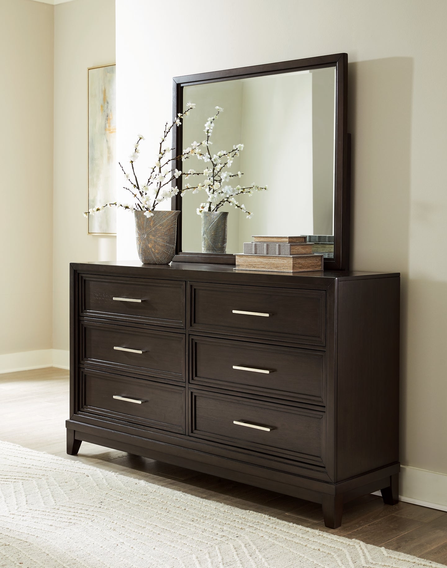 Neymorton King Upholstered Panel Bed with Mirrored Dresser, Chest and Nightstand